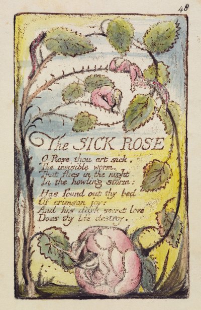 「The Sick Rose」、「Songs of Innocence and of Experience」[Bentley 39] c.1789-94からの版48（ペンとインクとトイレの入ったダークブラウンのレリーフエッチング） 作： William Blake